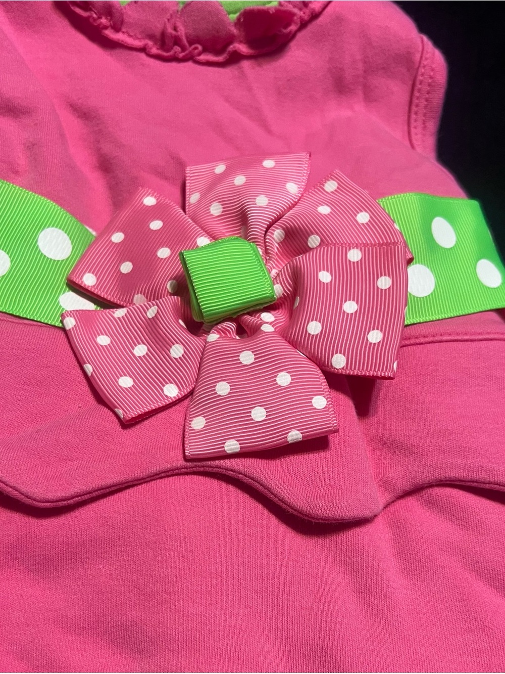 Mud Pie Pink Ruffled Baby Dress with Green Polka Dot Belt & Bow 0 to 6 months - Picture 3 of 7